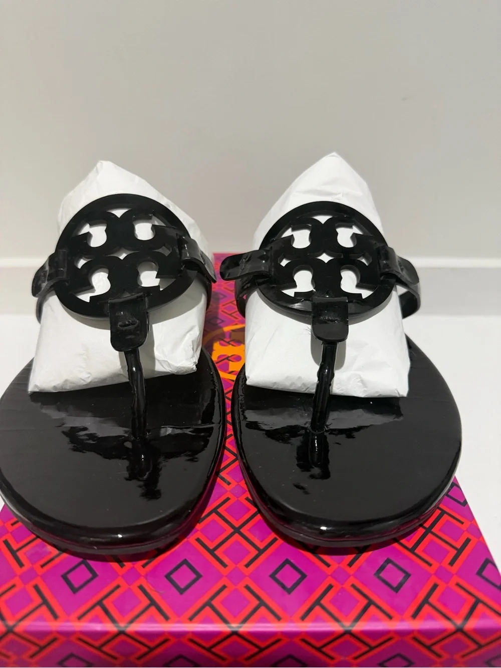 Tory Burch Black Patent Miller Logo Thong Sandals